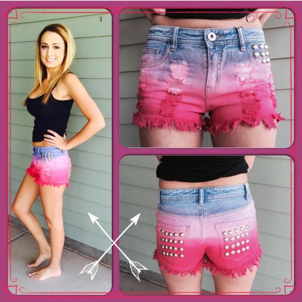 High-Rise Ombre Pink Distressed Studded Jean Shorts - Women